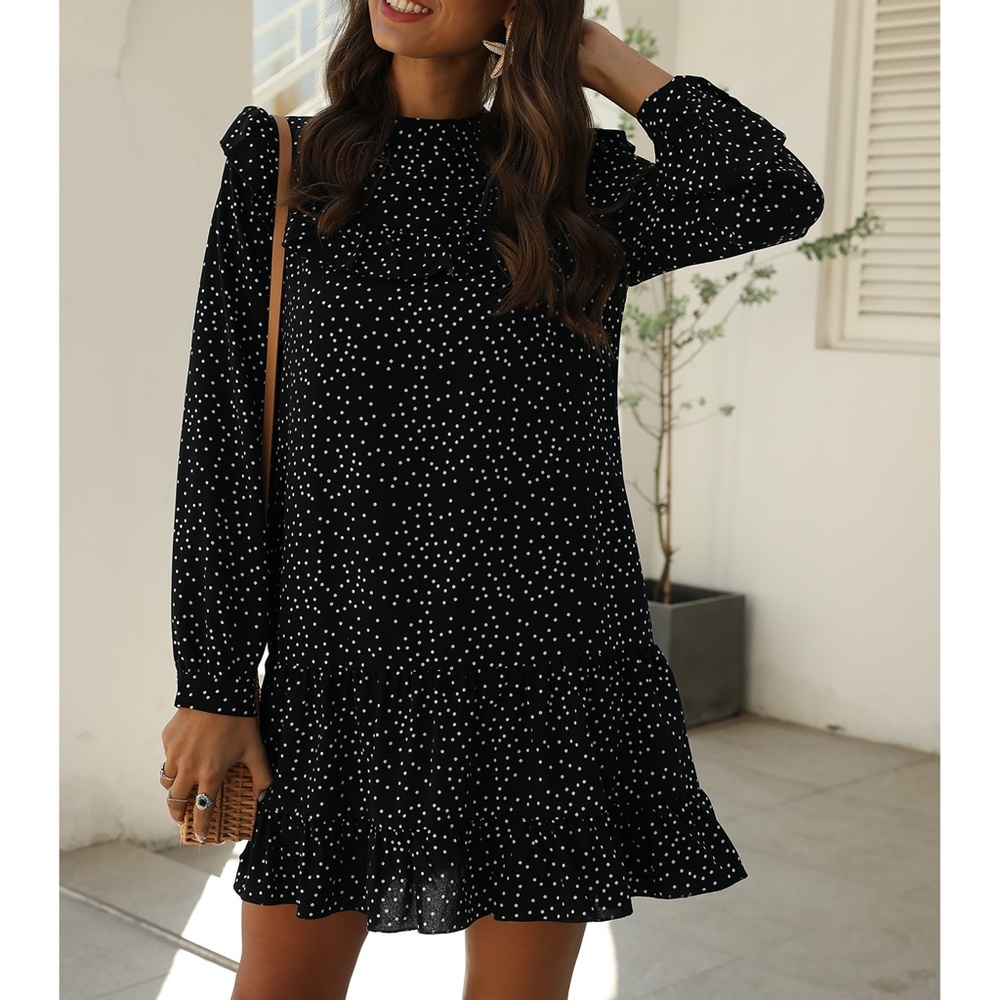 Black Polka Dot Ruffle Hem Shift Dress - Picture 7 of 14